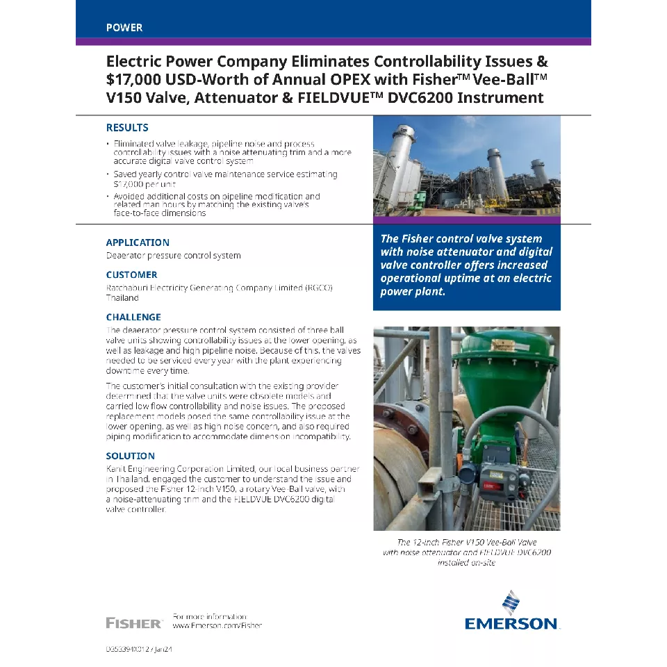 Case Study: Electric Power Company Eliminates Controllability Issues and $17,000 USD-Worth of Annual OPEX with Fisher Vee-Ball V150 Valve, Attenuator and FIELDVUE DVC6200 Instrument