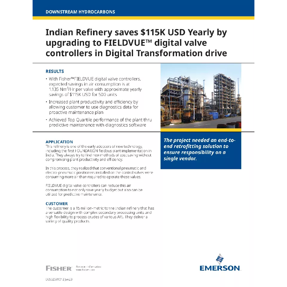 Case Study: Indian Refinery Saves $115K USD Yearly by Upgrading to FIELDVUE Digital Valve Controllers in Digital Transformation Drive